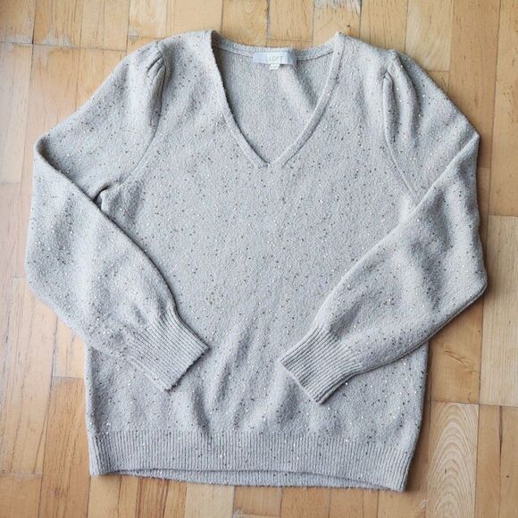LOFT Sweaters - LOFT Gold Sparkle V-neck Sweater Cream/ Beige MEDIUM Puff Sleeve, Knit, Sequins